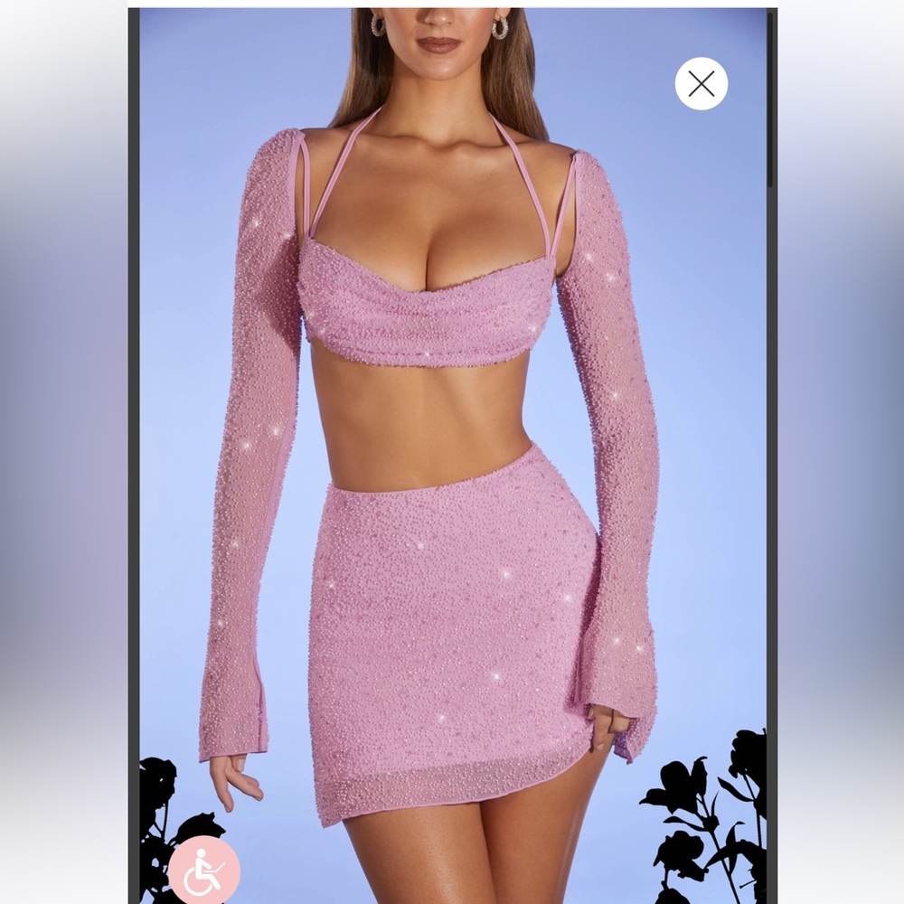 Oh Polly Pink Embellished long sleeve crop top and mini skirt